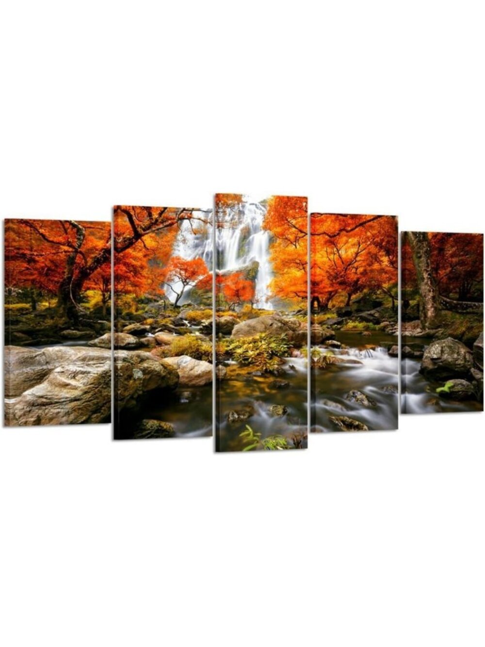 Autumn Forest Waterfalls 5-Piece Canvas Art Set - Modern Landscape Wall Decor